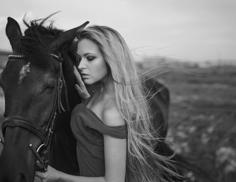 Woman with Horse — Black, Dramatic, Photograph, Dress