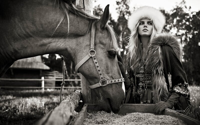Woman with Horse — Black, Dramatic, Photograph, Fur Hat