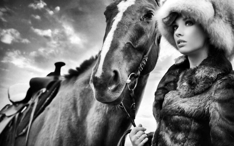 Woman with Horse — Black, Dramatic, Photograph, Saddle