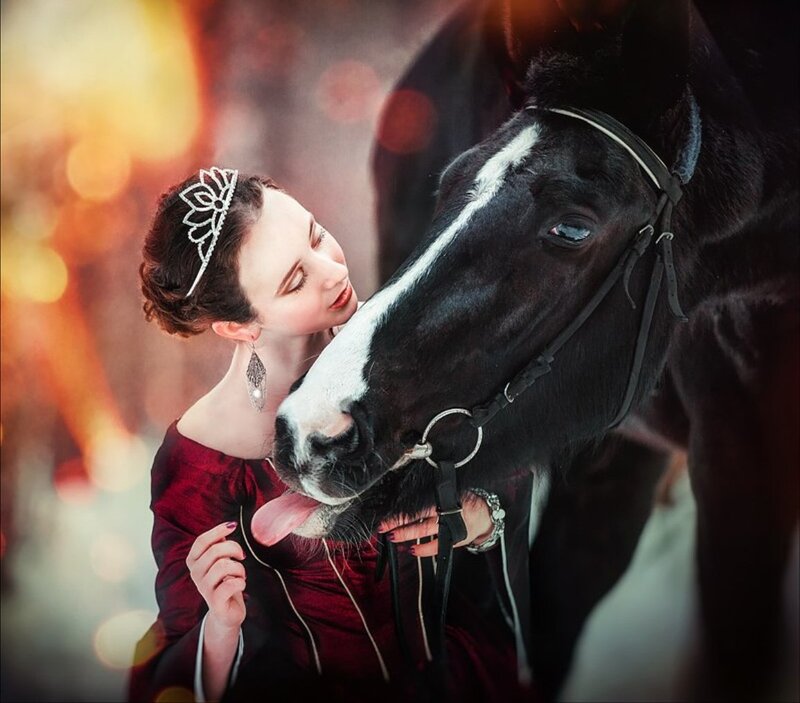Woman with Horse — Black, Dramatic, Sunset, Photograph