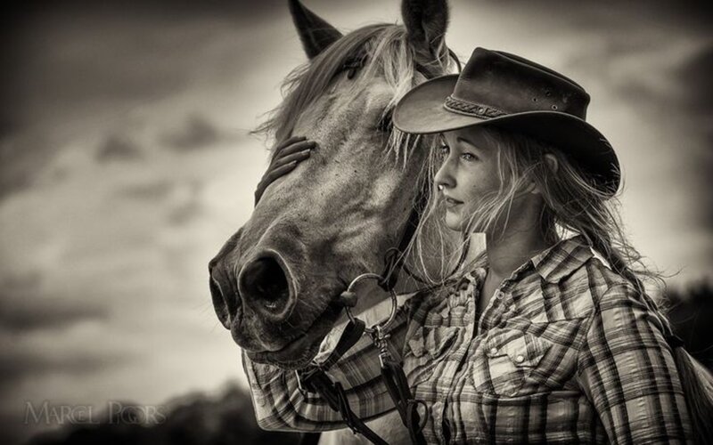 Woman with Horse — Black, Dramatic, Sunset