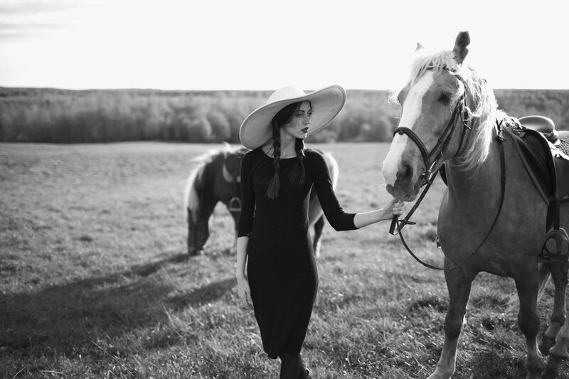 Woman with Horse — Black, Serene, Afternoon, Photograph, Hat