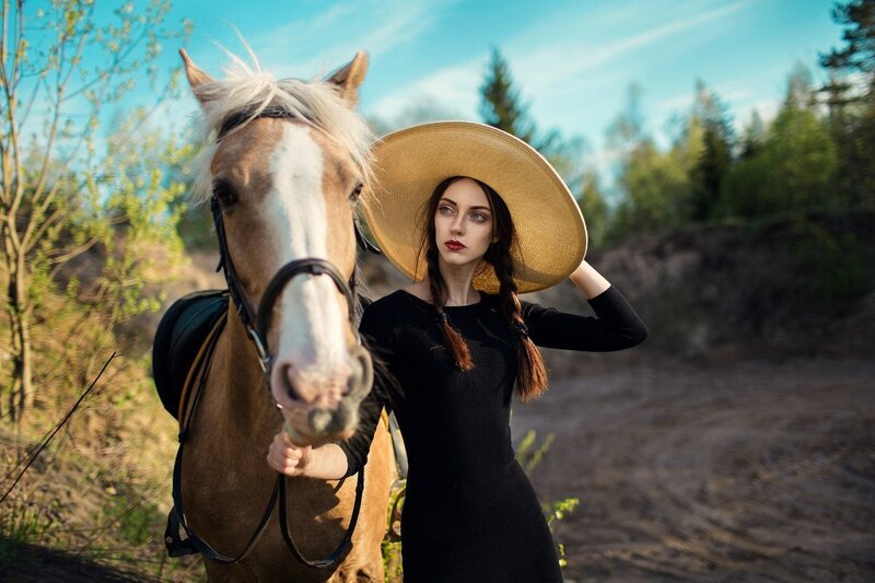 Woman with Horse — Black, Serene, Spring