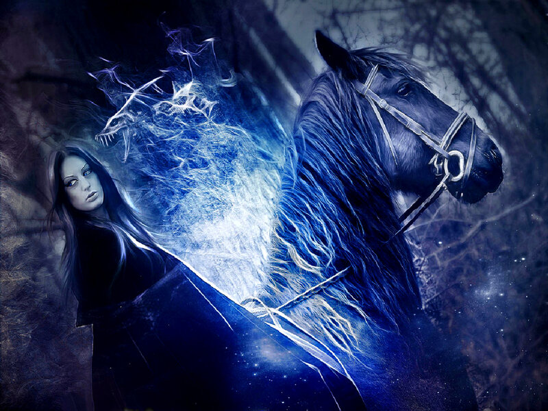 Woman with Horse — Blue, Dark, Night