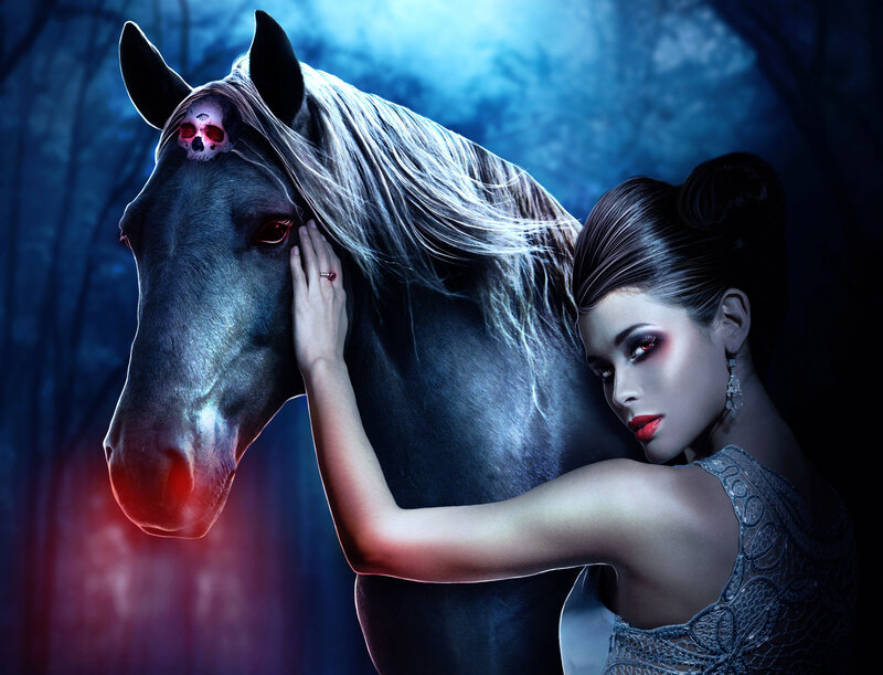 Woman with Horse — Blue, Dark