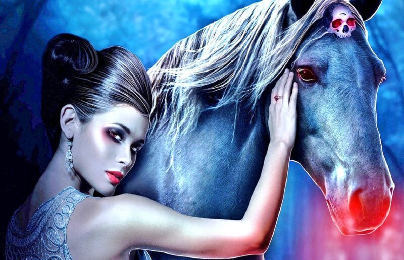 Woman with Horse — Blue, Dramatic, Digital Art