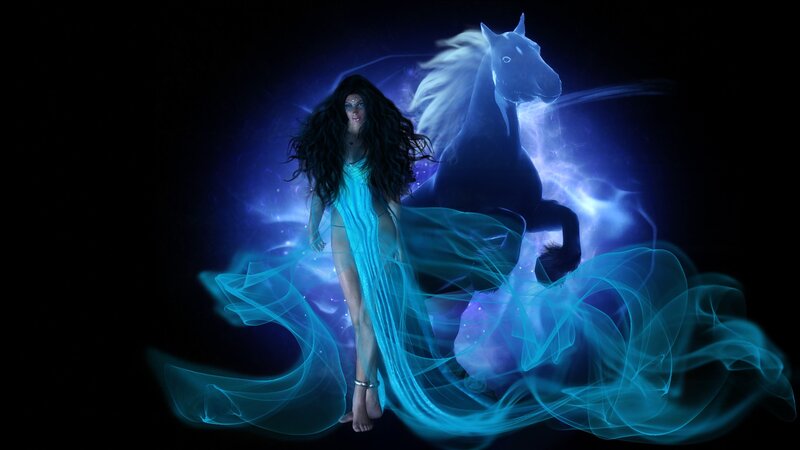 Woman with Horse — Blue, Dramatic, Night, Digital Art, Dress