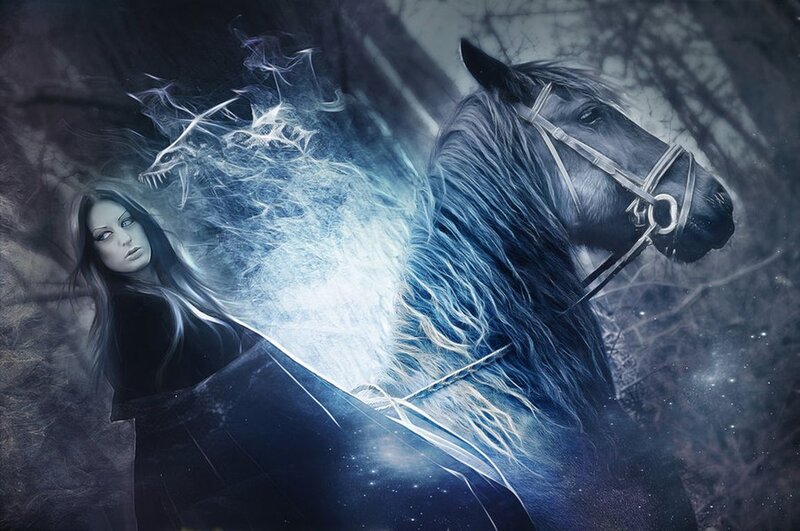 Woman with Horse — Blue, Dramatic, Night, Digital Art