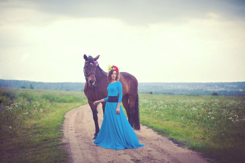 Woman with Horse — Blue, Serene, Afternoon, Photograph, Flower Crown