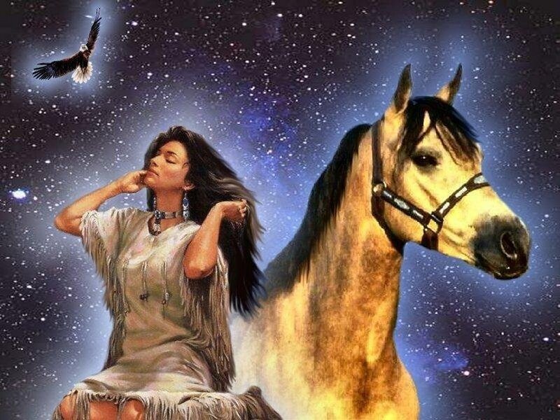 Woman with Horse — Blue, Serene, Night, Digital Art