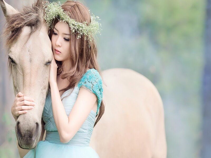 Woman with Horse — Blue, Serene, Photograph