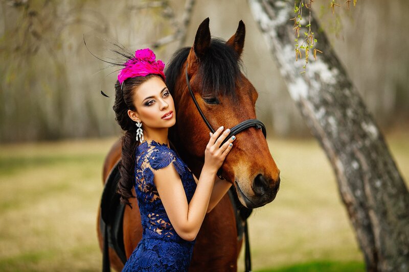 Woman with Horse — Blue, Serene, Spring, Photograph