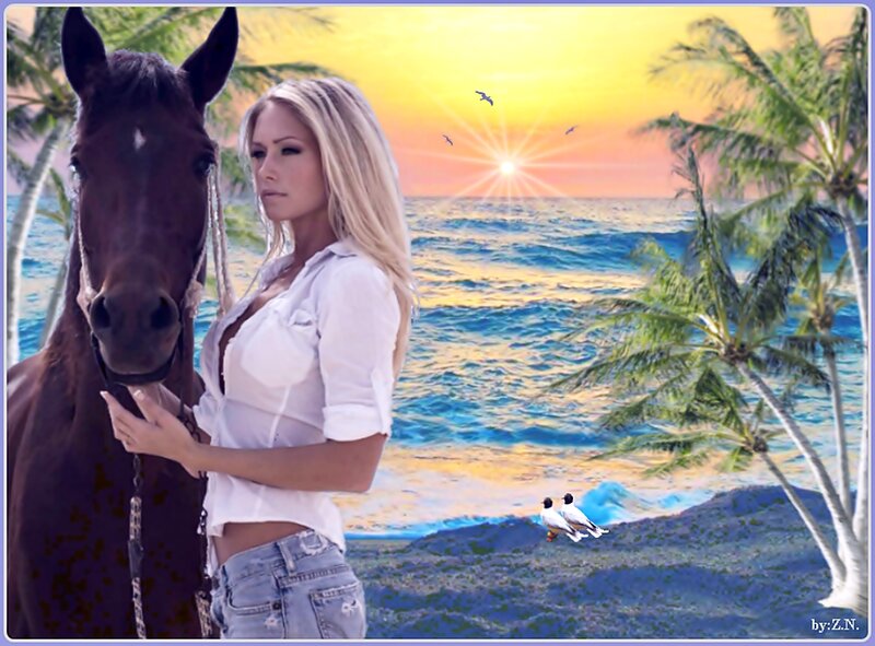 Woman with Horse — Blue, Serene, Sunset