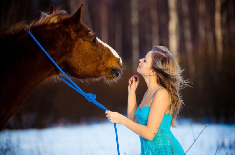 Woman with Horse — Blue, Serene