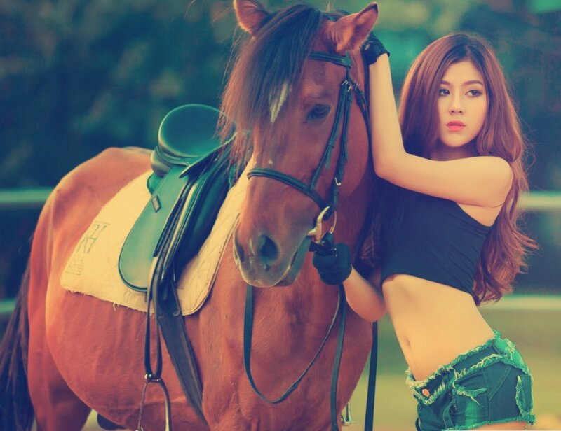 Woman with Horse — Brown, Dramatic, Afternoon, Photograph, Saddle