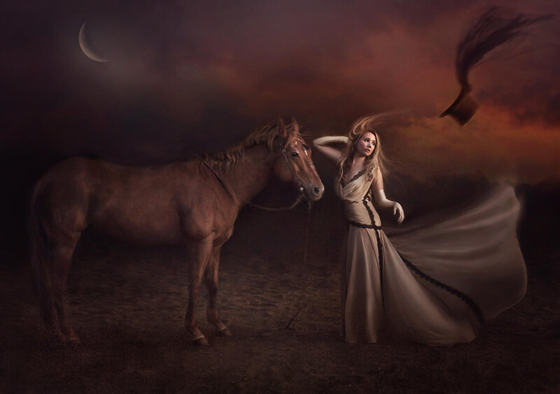 Woman with Horse — Brown, Dramatic, Night