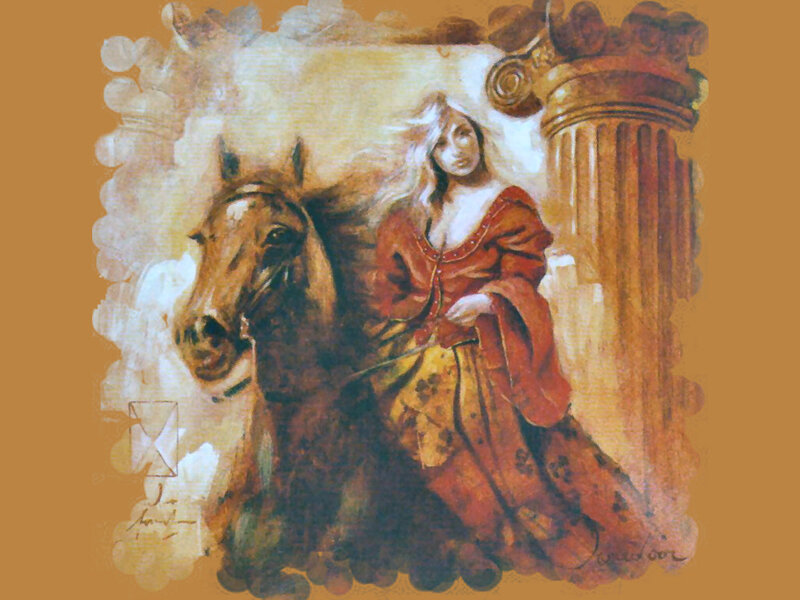 Woman with Horse — Brown, Dramatic, Painting