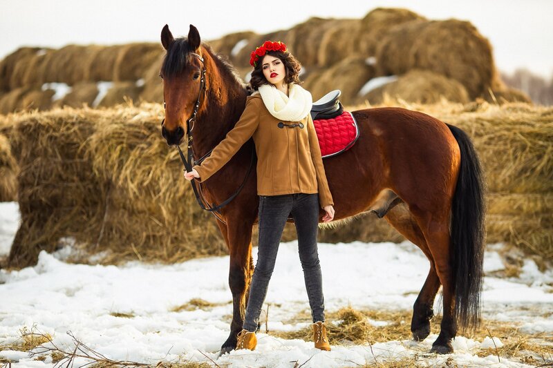 Woman with Horse — Brown, Dramatic, Winter