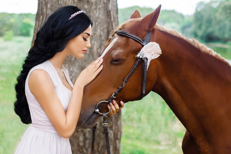 Woman with Horse — Brown, Serene, Afternoon, Photograph, Tree