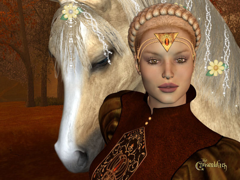 Woman with Horse — Brown, Serene, Autumn, Digital Art