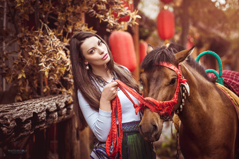 Woman with Horse — Brown, Serene, Autumn, Photograph