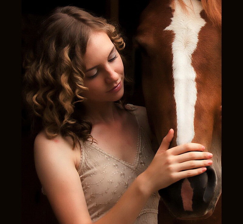 Woman with Horse — Brown, Serene, Photograph