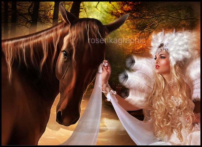 Woman with Horse — Brown, Serene, Sunset, Digital Art