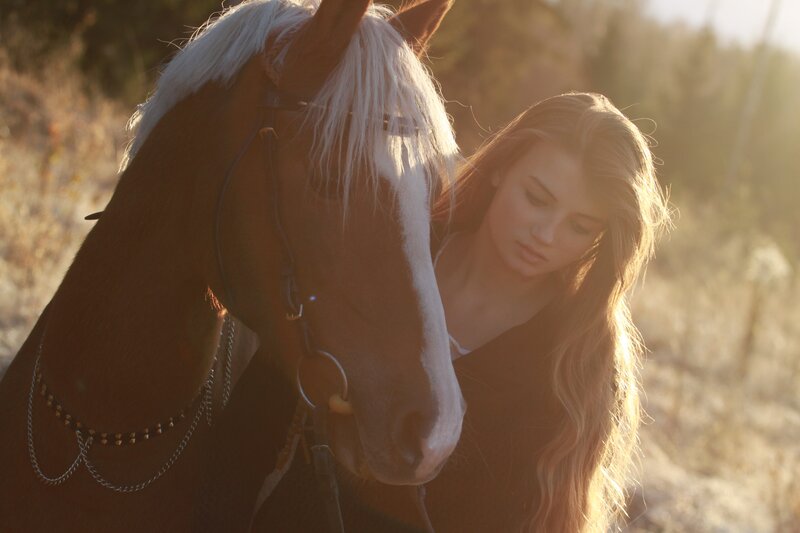 Woman with Horse — Brown, Serene, Sunset, Photograph, Sunlight