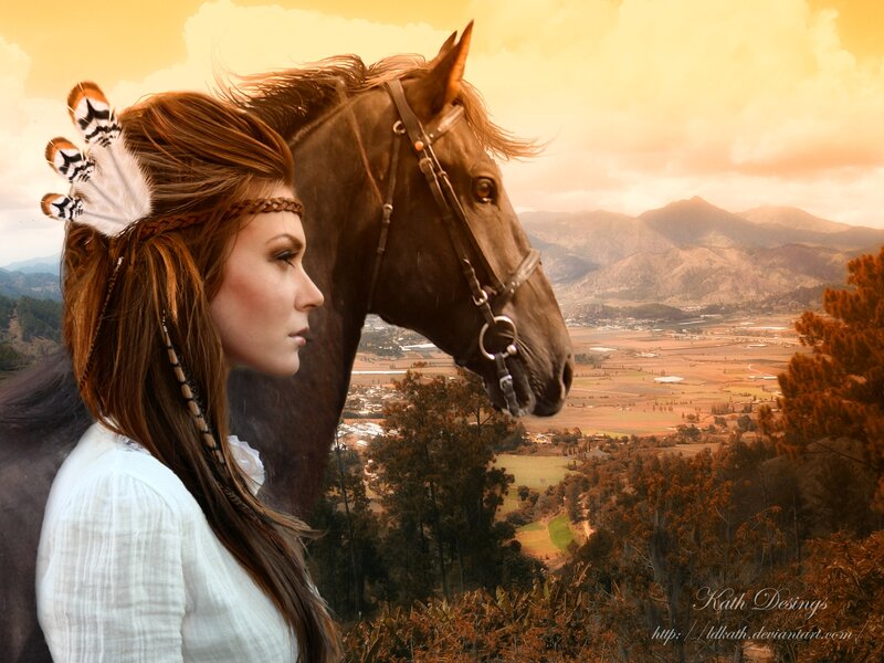 Woman with Horse — Brown, Serene, Sunset