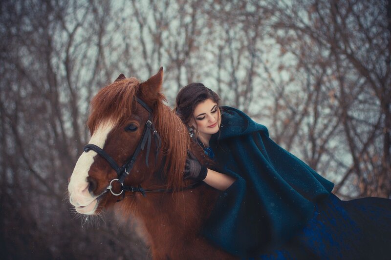 Woman with Horse — Brown, Serene, Winter, Photograph, Cloak