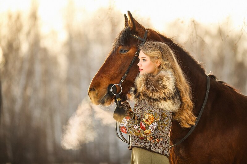 Woman with Horse — Brown, Serene, Winter, Photograph