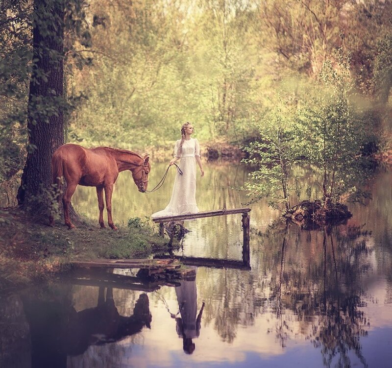 Woman with Horse by River — Green