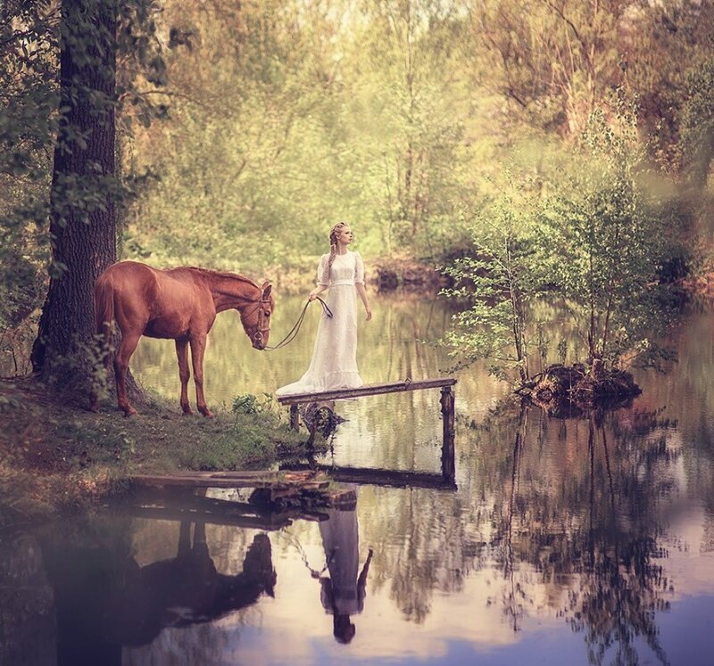 Woman with Horse by River
