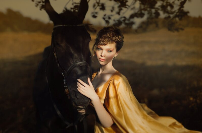 Woman with Horse — Gold, Dramatic, Sunset