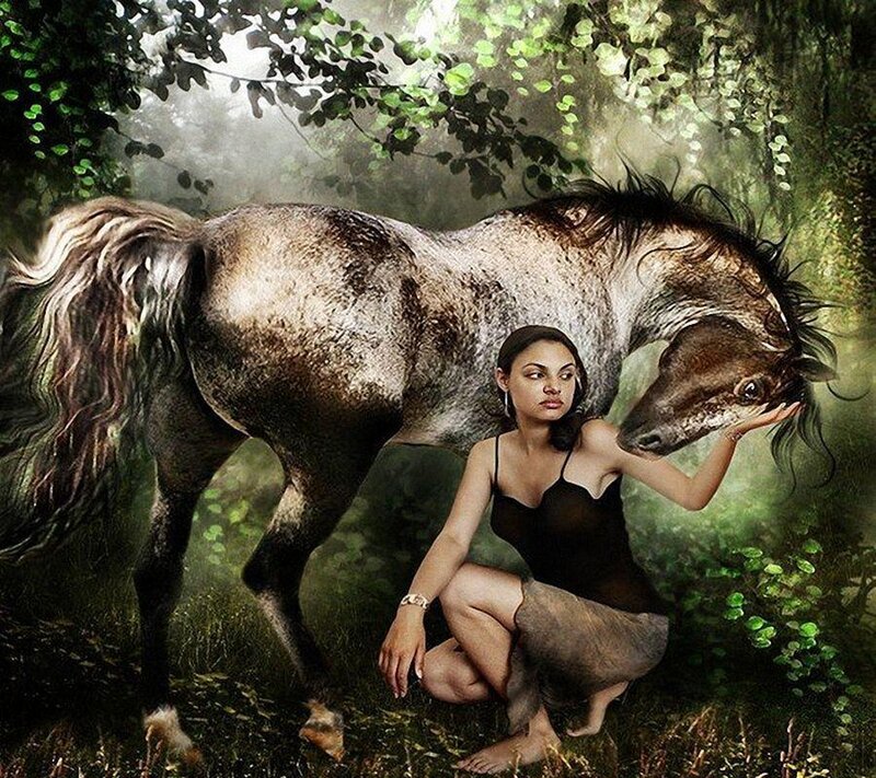 Woman with Horse — Green, Serene, Afternoon, Digital Art, Forest