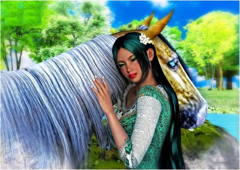 Woman with Horse — Green, Serene, Afternoon, Digital Art