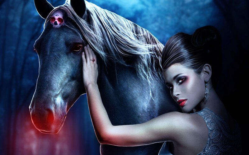 woman with horse in dark forest