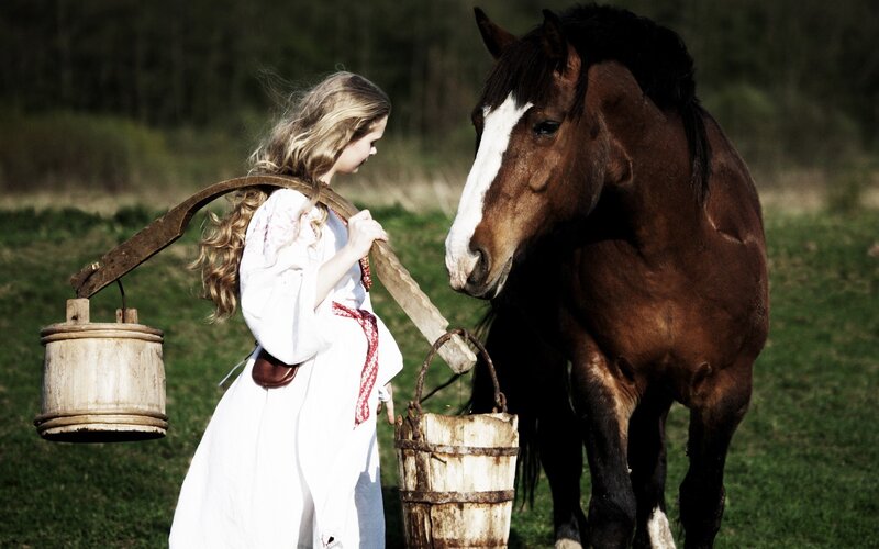woman with horse in field