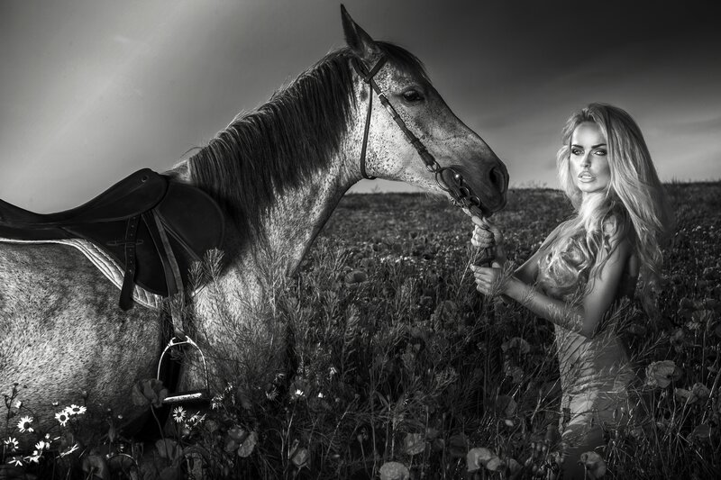 Woman with Horse in Field — Black, Dramatic