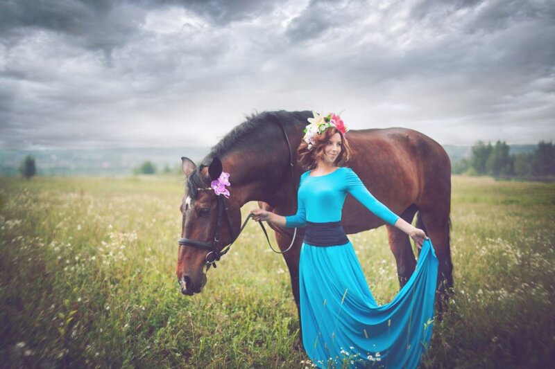 Woman with Horse in Field — Blue