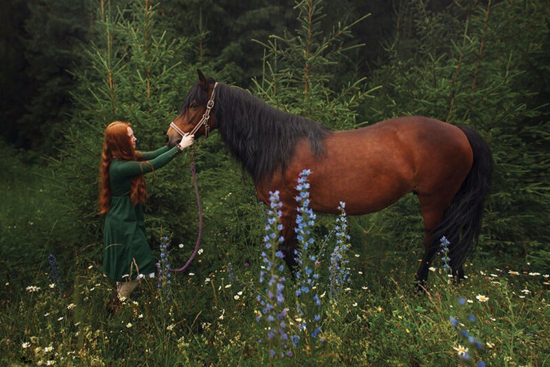 Woman with Horse in Field — Green, Serene, Summer