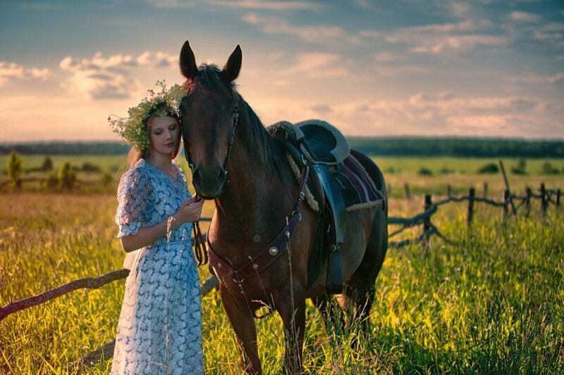 Woman with Horse in Field — Green, Serene, Sunset