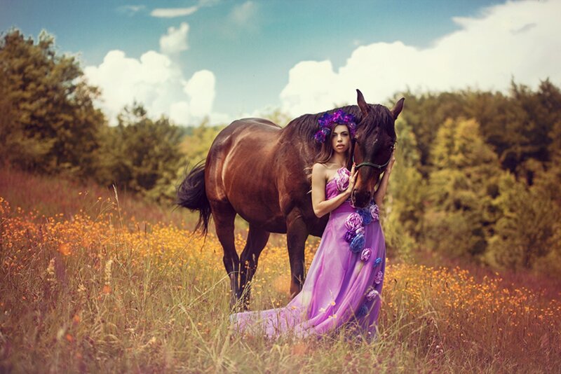 Woman with Horse in Field — Purple, Serene