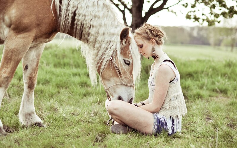 Woman with Horse in Field