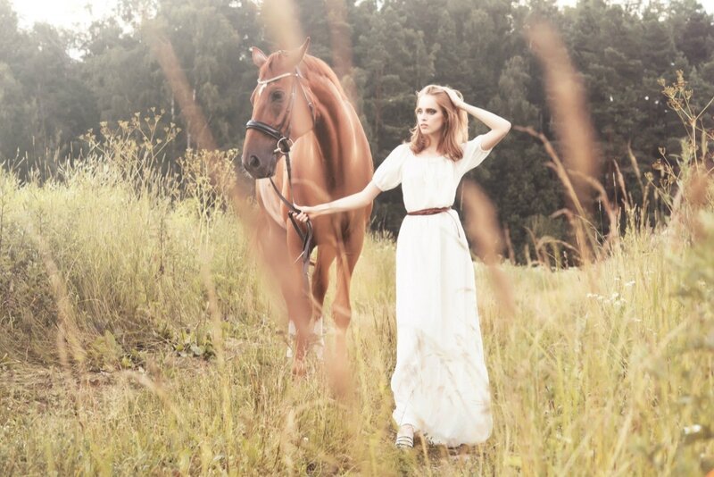 Woman with Horse in Field — White