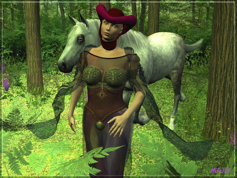 Woman with horse in forest