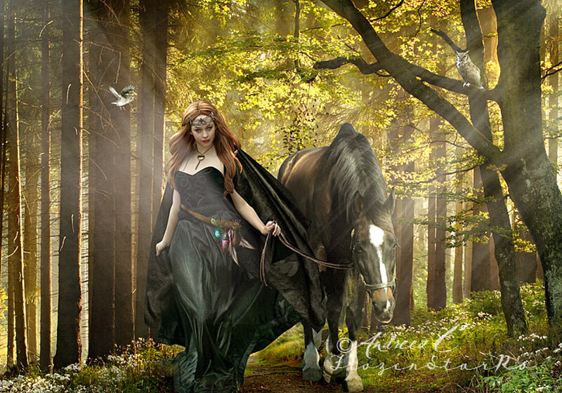 Woman with horse in forest