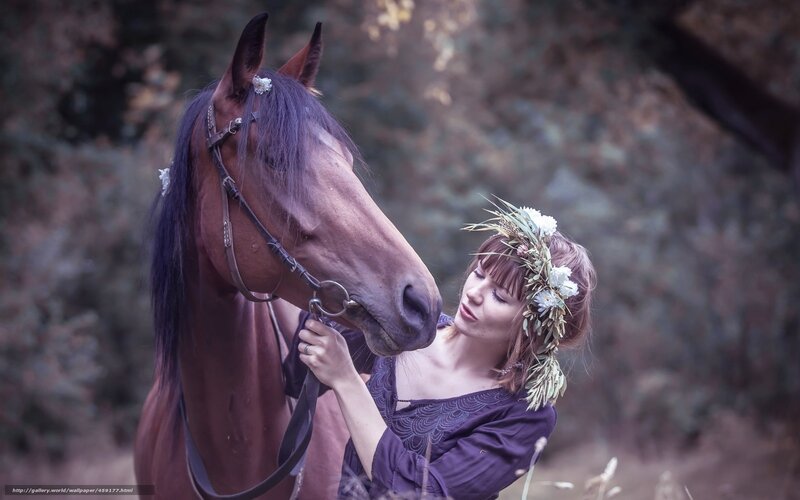 woman with horse in forest