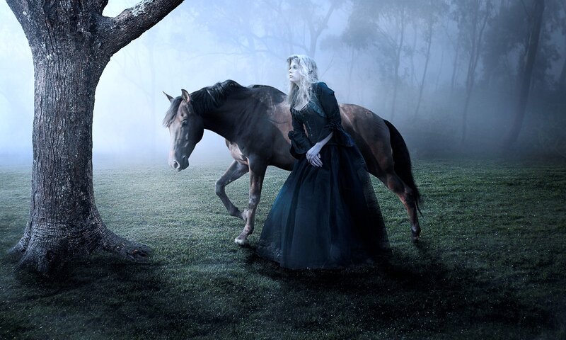 Woman with Horse in Forest — Black