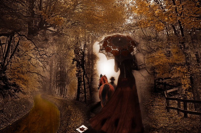 Woman with Horse in Forest — Brown, Dramatic